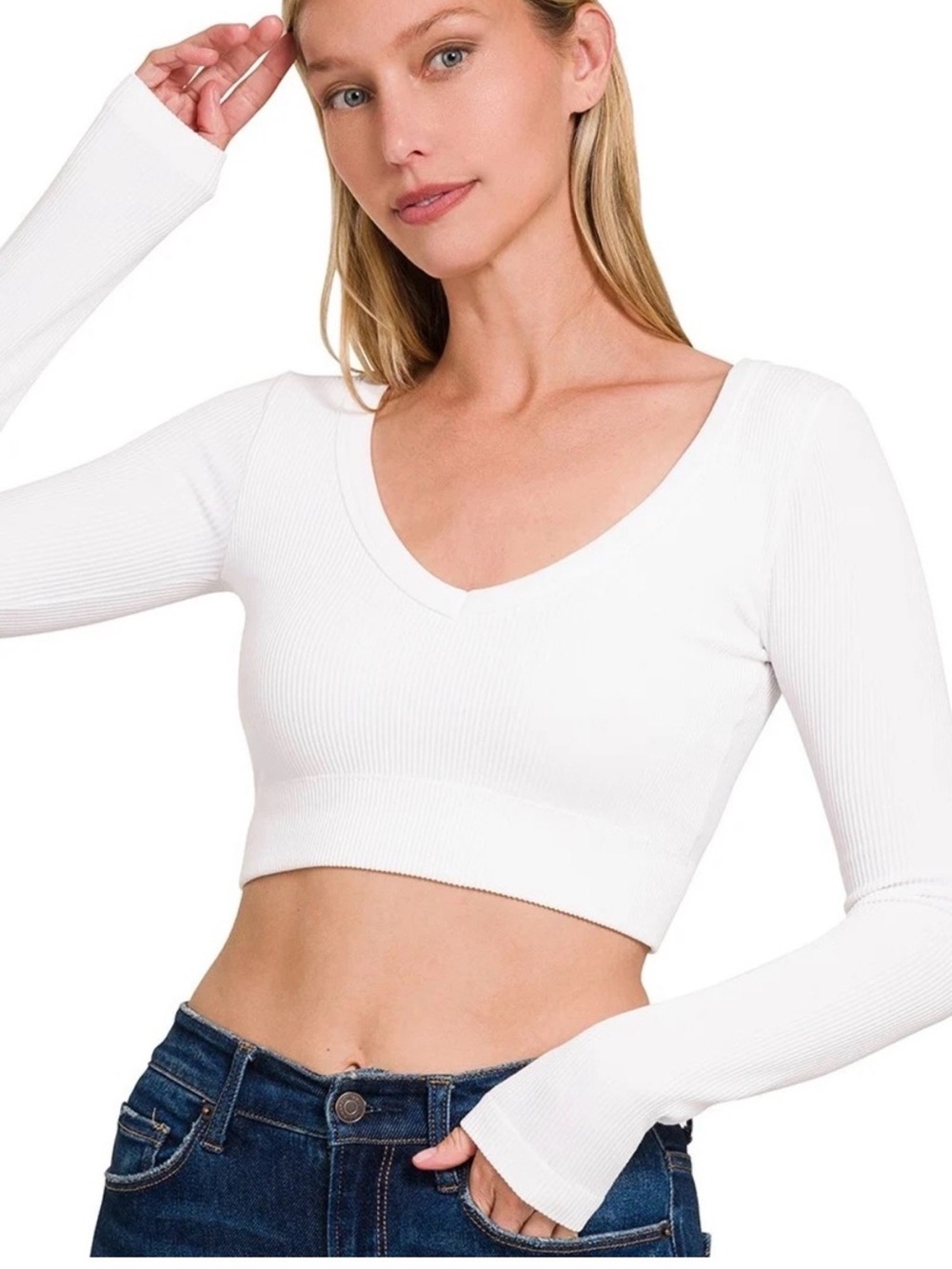 Zenana Outfitters White Ribbed V‑Neck Long Sleeve Crop Top